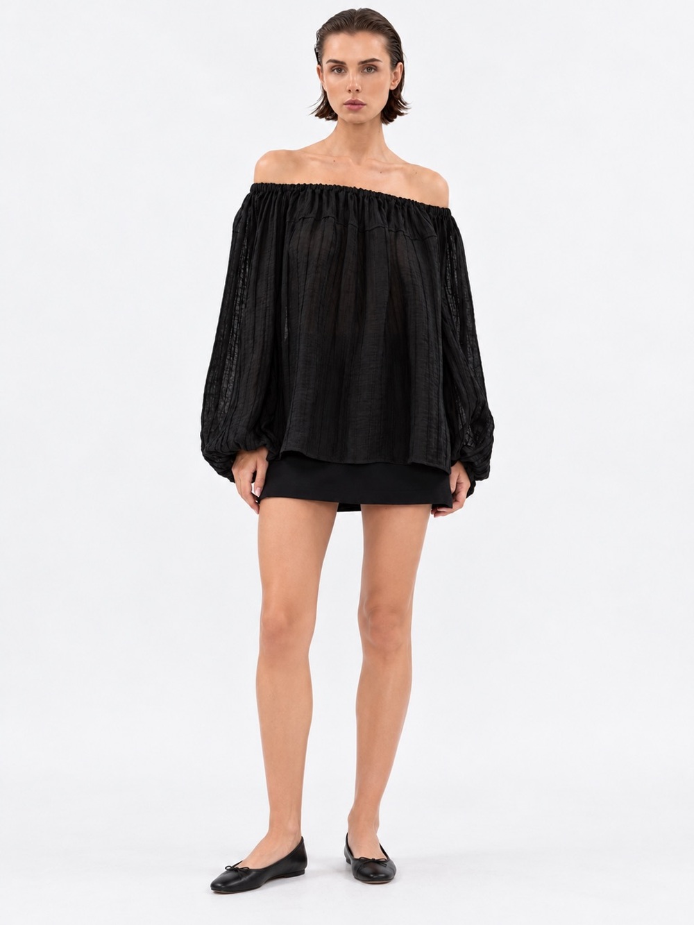 DISSH Black Linen Blend Tahiti Off-Shoulder Long Sleeve Blouse Size 8